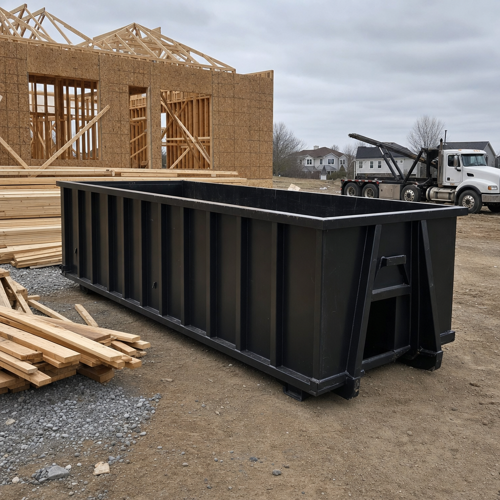Matte-black 40-yard roll-off dumpster staged on a framed-out residential construction site in Carmel, framing lumber stacked nearby, hooklift delivery truck visible in the background under bright Colorado daylight