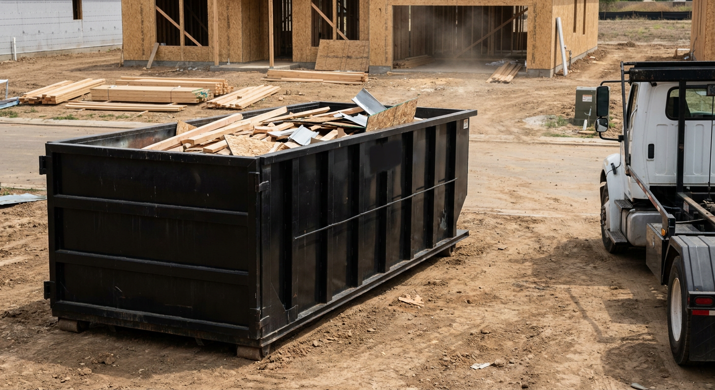 Matte-black 20-yard roll-off construction dumpster with heavy ribbed steel sidewalls and swing rear doors at a working jobsite in Carmel, sitting directly on compacted dirt with an unmarked white hauler partially visible at the far edge of the frame.