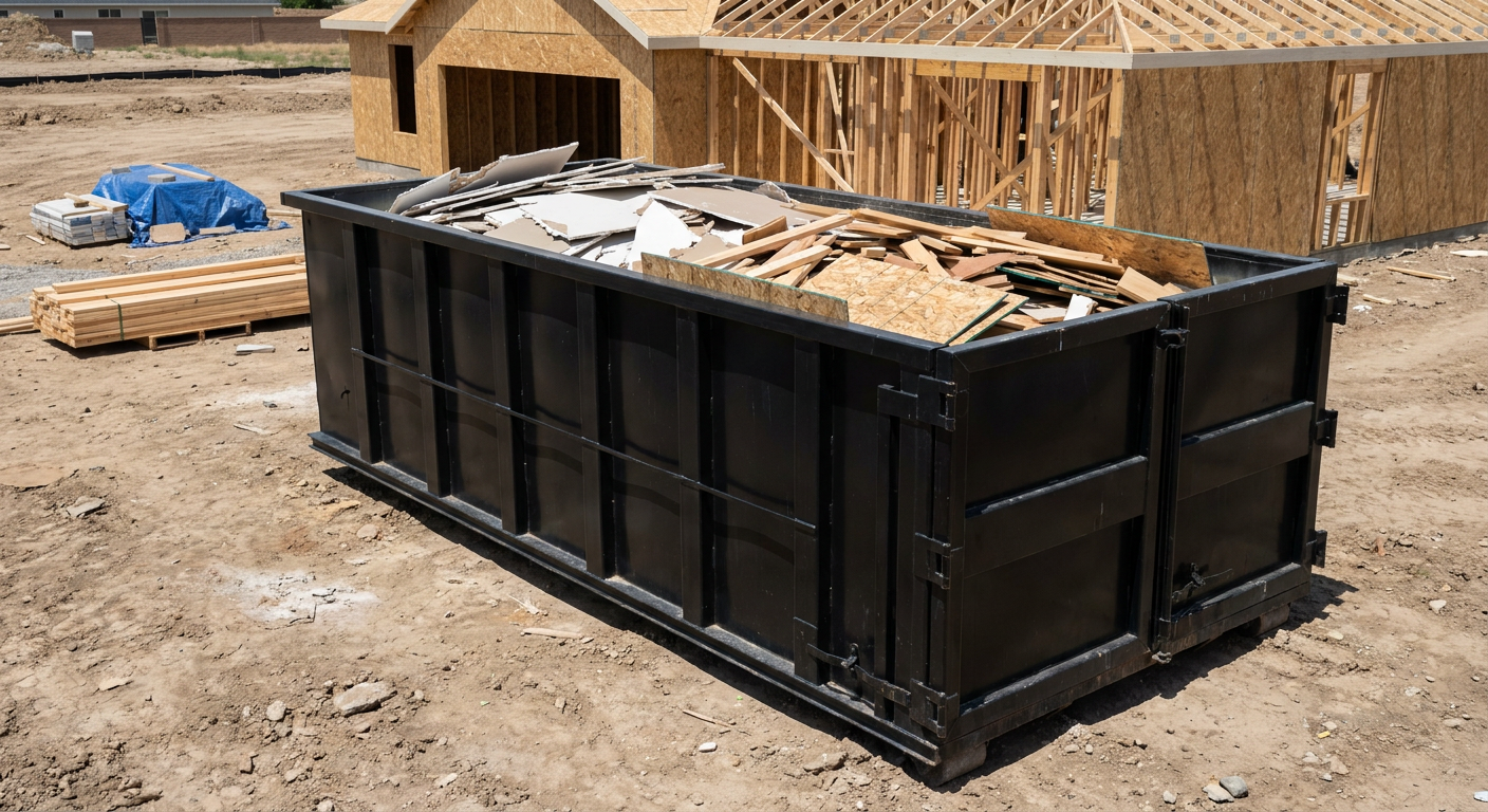 Matte-black 30-yard roll-off construction dumpster sitting directly on the compacted-dirt site of a framed single-family home build in Carmel, drywall and lumber scrap loaded inside.