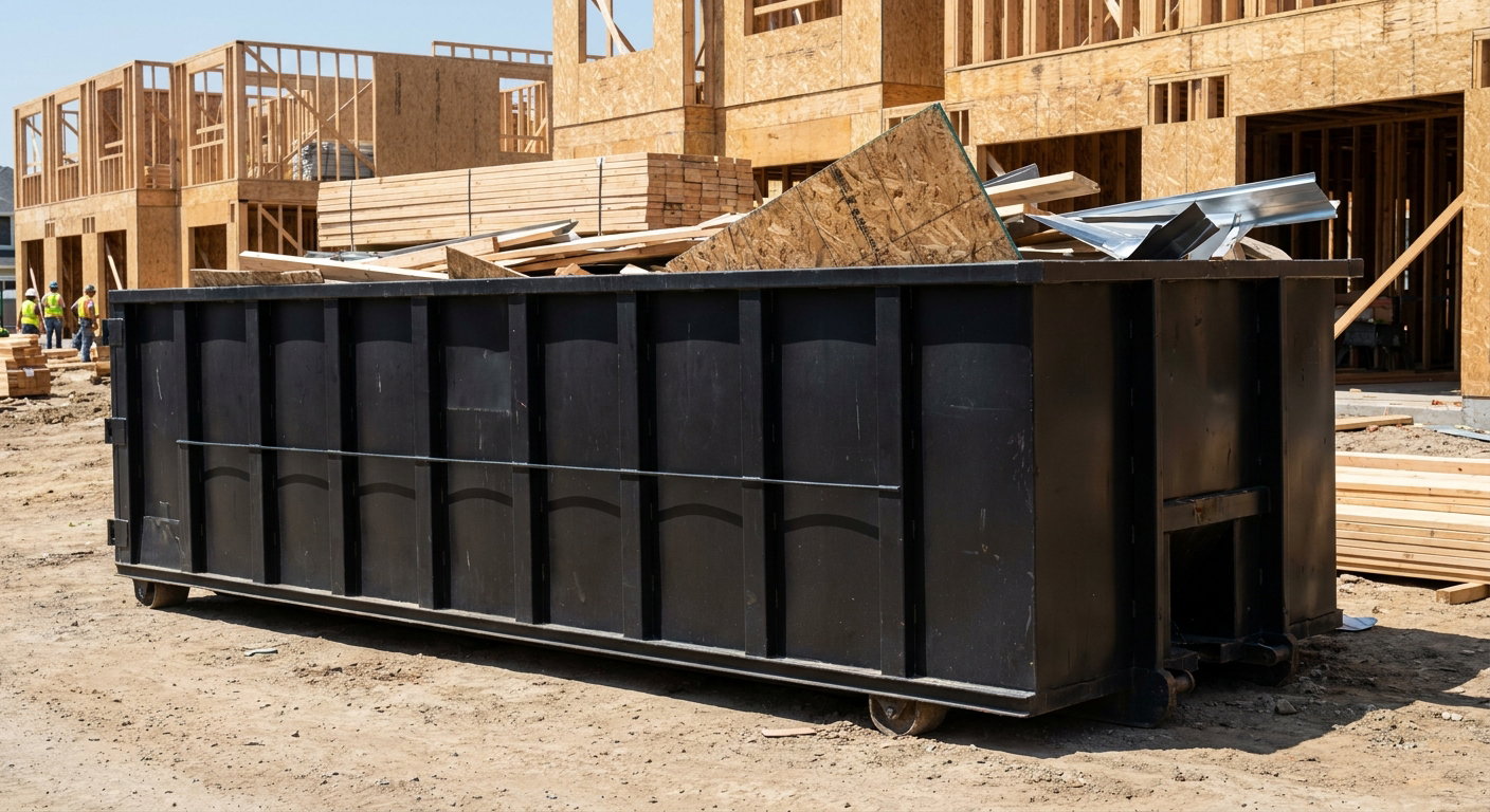 Matte-black 40-yard roll-off construction dumpster being lowered from a white-cab hooklift delivery truck onto the compacted-dirt jobsite at a commercial build site in Carmel