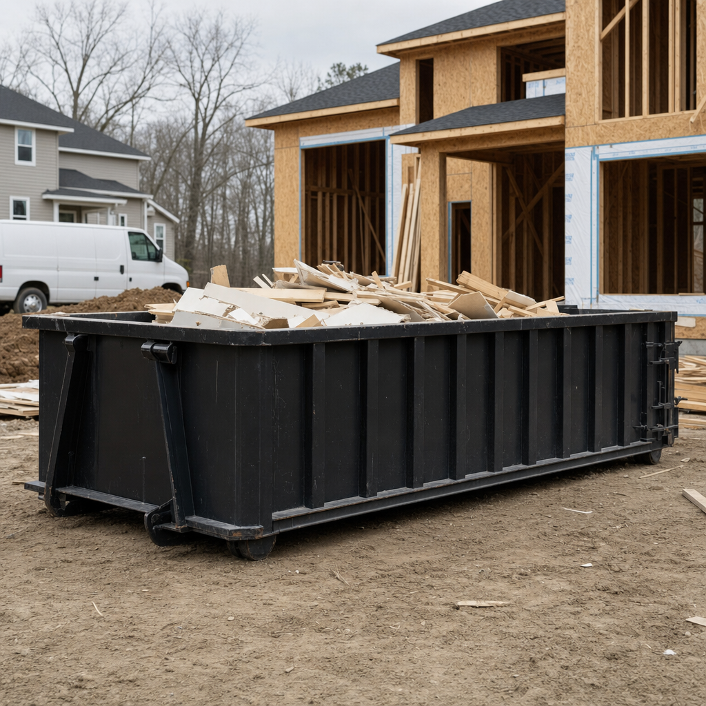 Worker in a yellow high-visibility vest tossing framing lumber and broken drywall into a matte-black 30-yard construction roll-off dumpster on an active build site in Carmel, bright daylight