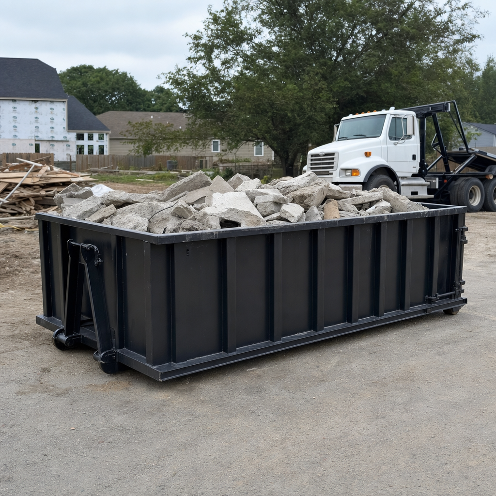 Low-profile matte-black lowboy roll-off dumpster loaded with broken concrete slab and rebar at a foundation tear-out in Carmel, skid steer parked beside it, sunny Colorado morning