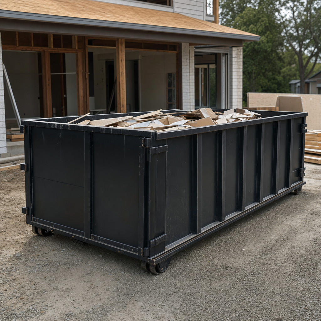 Large matte-black 30-yard construction roll-off dumpster at an active Carmel jobsite, steel-gray top rails and bottom rollers visible, loaded with construction debris.