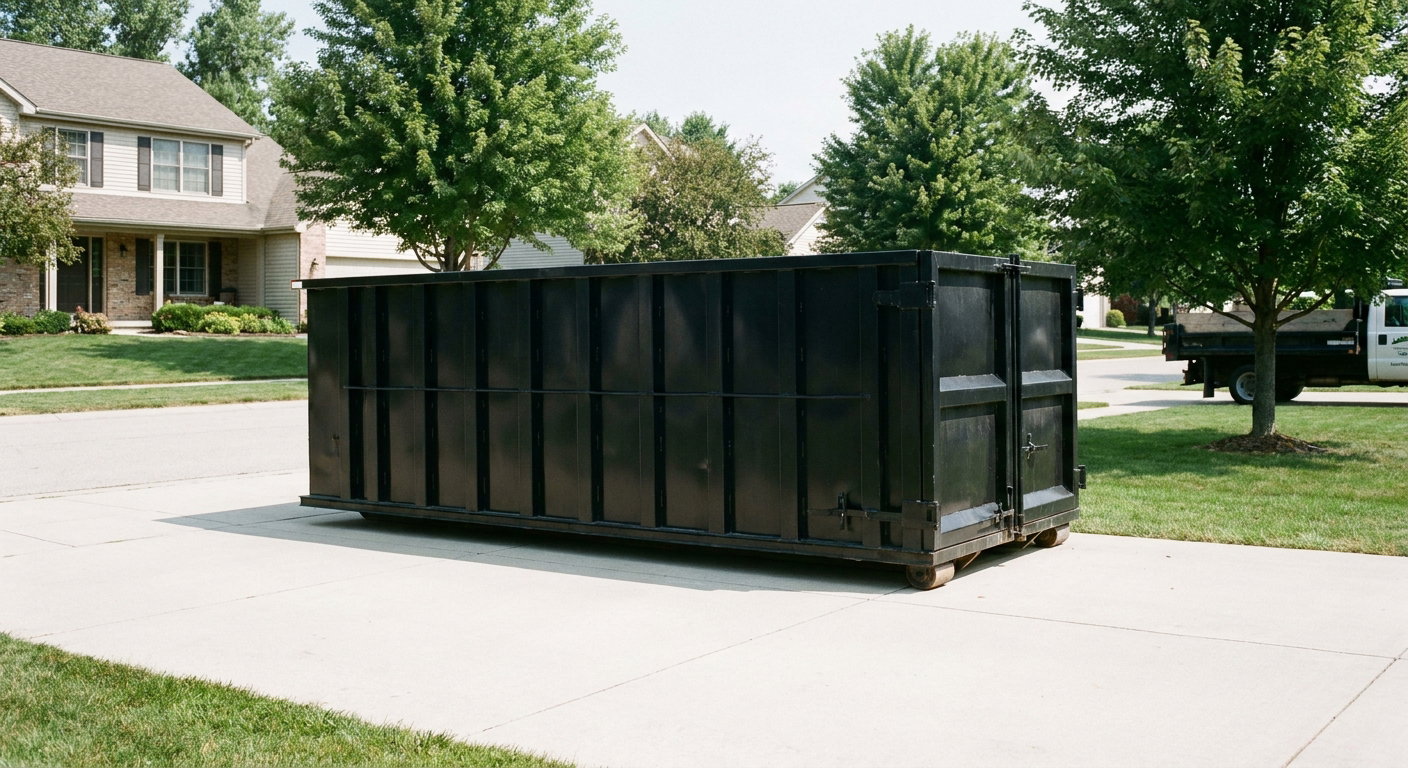 Matte-black 20-yard roll-off dumpster sitting level on a clean Carmel residential concrete driveway under bright daylight, demonstrating clean placement directly on the concrete.