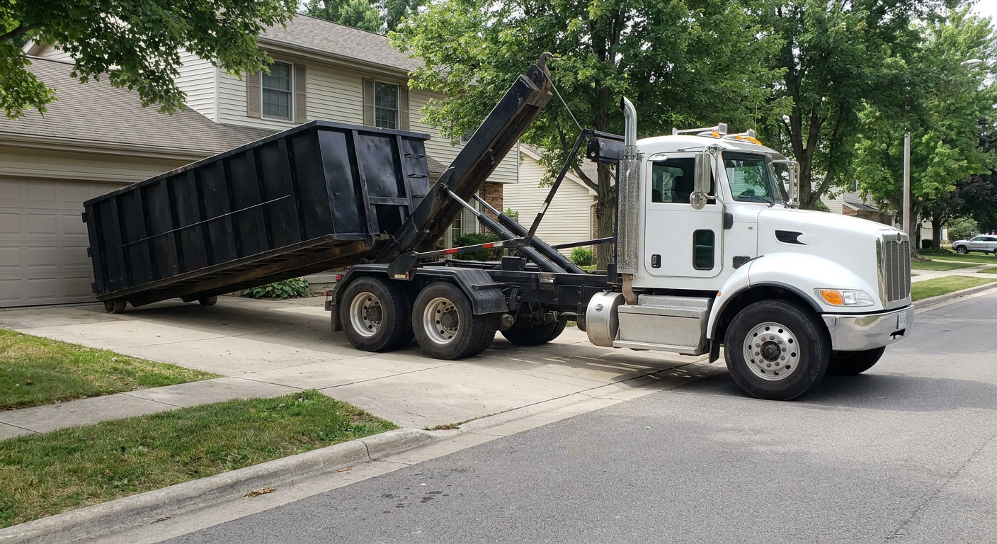 White-cab hooklift roll-off truck actively lowering a matte-black dumpster onto a Carmel residential concrete driveway, the dumpster's rear wheels touching the driveway as the hoist arm tilts the bed forward, mid-morning daylight.