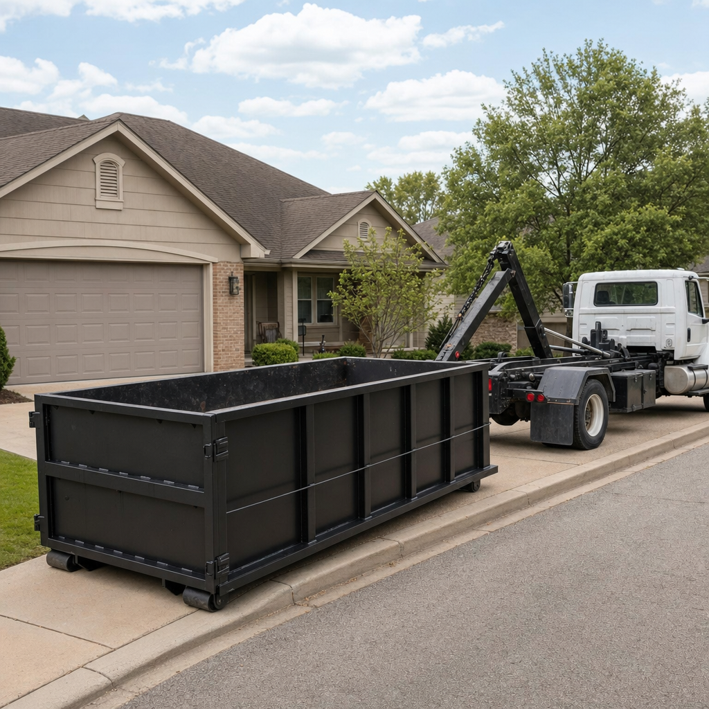 Wide documentary shot of a matte-black roll-off dumpster on a Carmel residential driveway in the foreground and a contractor jobsite container in the soft-focus background, bright daylight, calm and orderly composition.