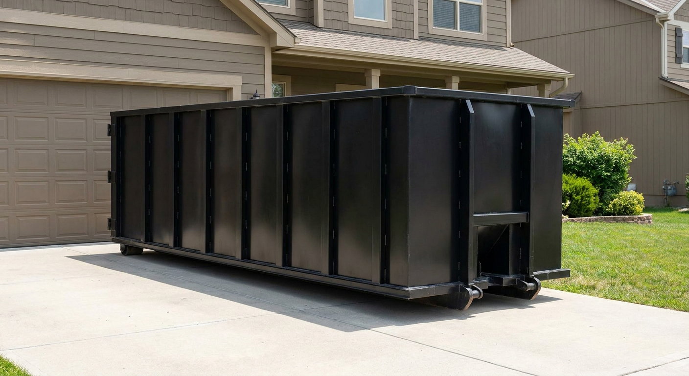 Matte-black residential roll-off dumpster sitting directly on a suburban Carmel concrete driveway, garage door closed, single-family home in background, bright morning daylight.