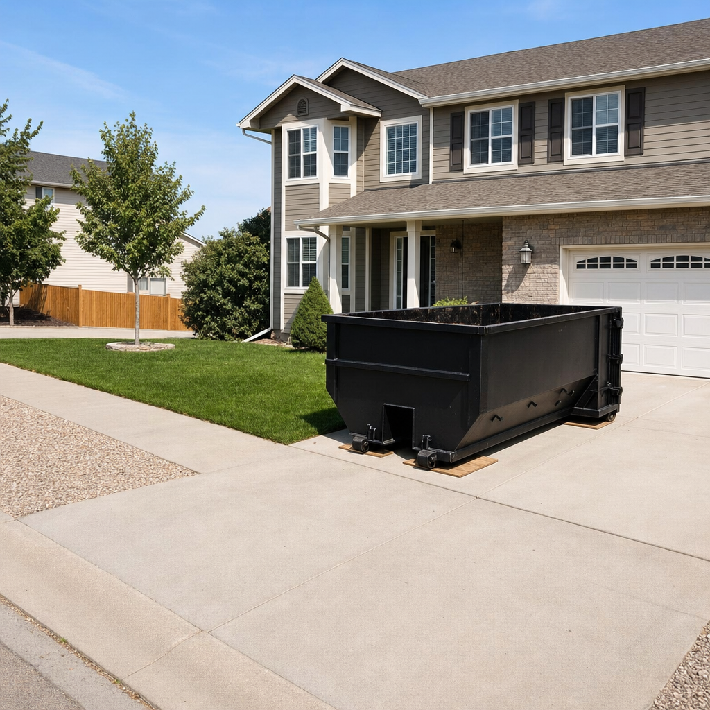 10-yard matte-black residential dumpster placed directly on a narrow Carmel concrete driveway, room remains for a parked sedan beside it, mid-morning natural light