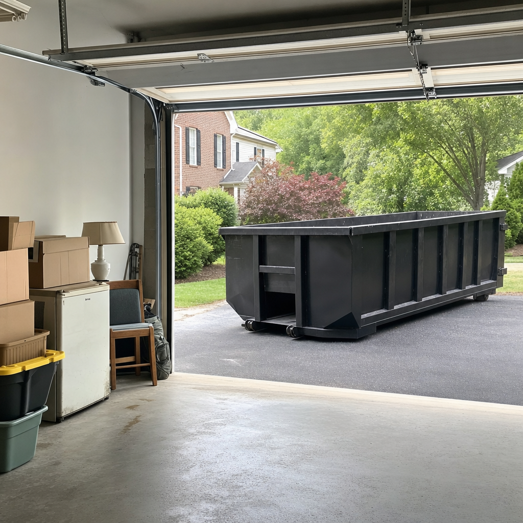 Open garage interior in a Carmel home mid-cleanout — boxed items, an old appliance, and stacked yard tools queued near the driveway for a matte-black roll-off dumpster, organized and calm