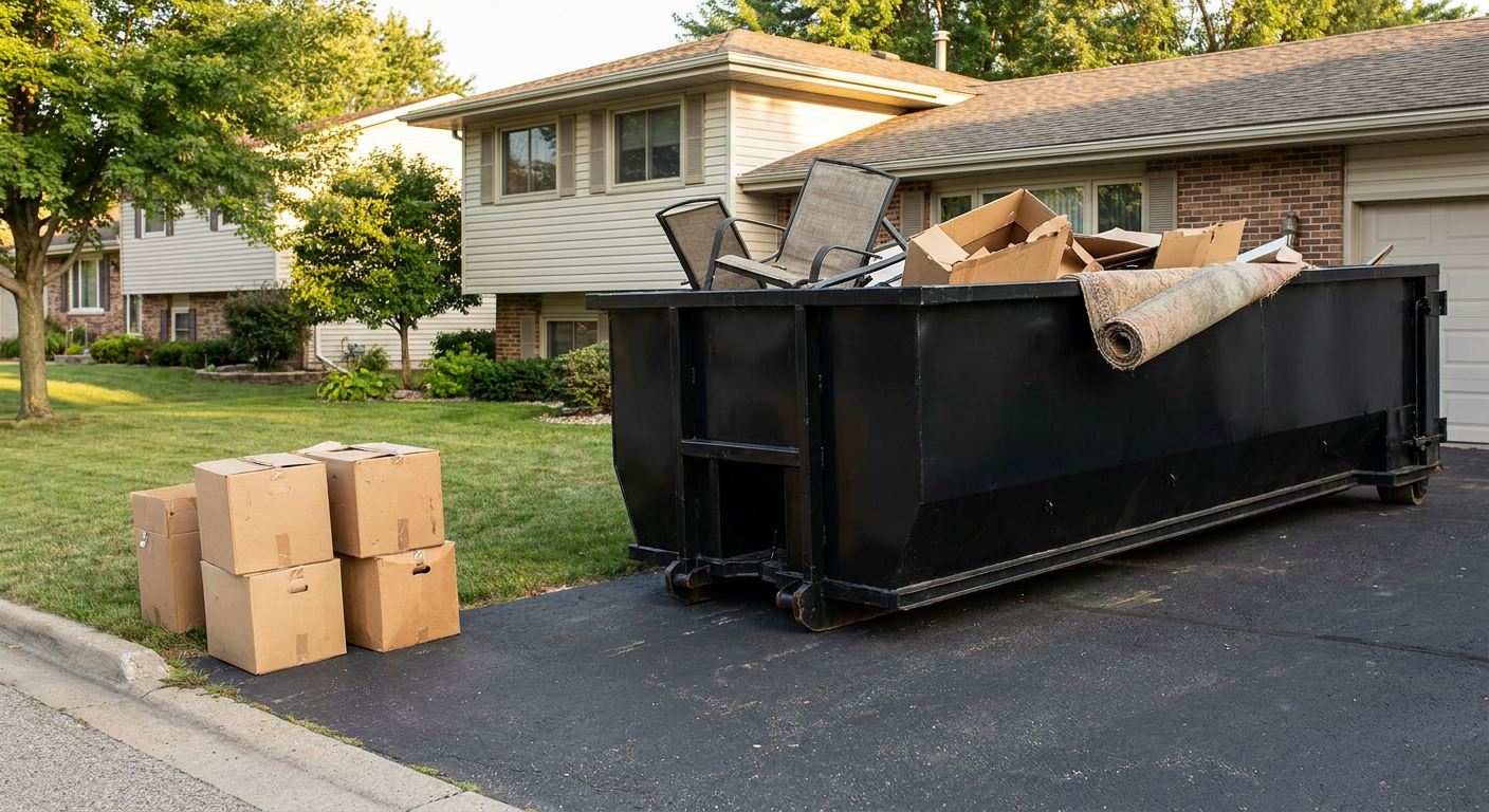 Front-yard view of a Carmel split-level home with a 20-yard matte-black roll-off dumpster sitting directly on the asphalt driveway, a few clearly labeled donation boxes staged at the curb, calm sunny afternoon.
