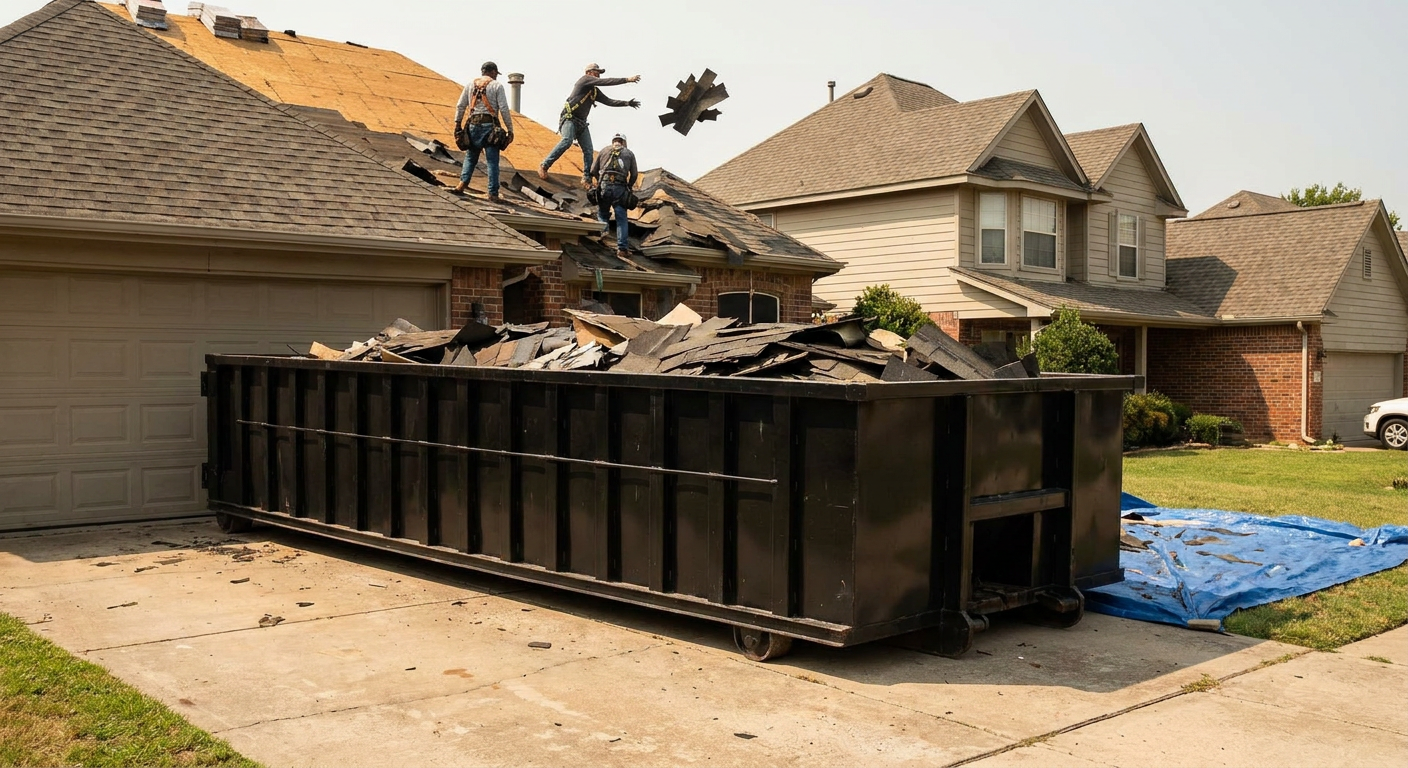 Matte-black roofing roll-off dumpster placed directly on a Carmel residential concrete driveway, a tear-off crew on a two-story asphalt-shingle roof tossing shingle bundles into the low-walled container, bright daylight, documentary 35mm perspective.