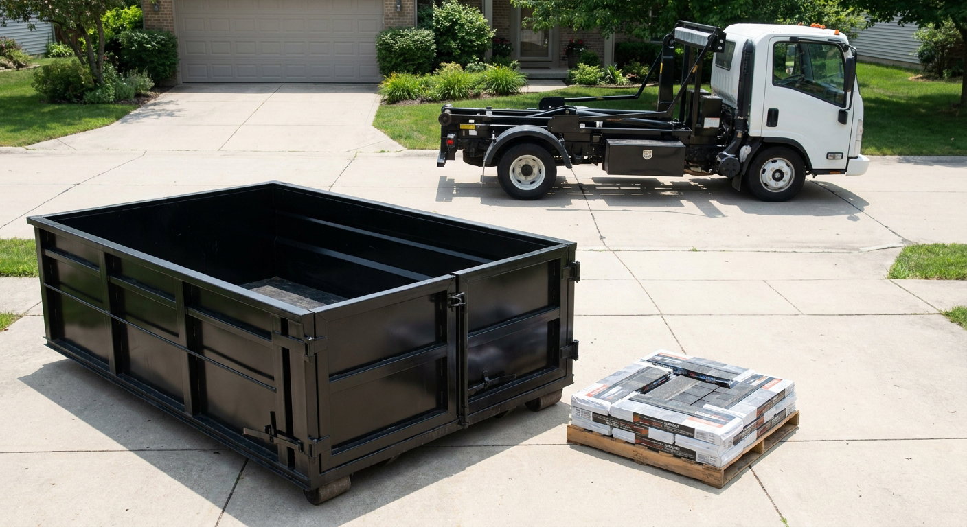 Matte-black 15-yard roofing roll-off dumpster with reinforced low side walls sitting directly on a Carmel residential concrete driveway, three-tab asphalt shingle bundles stacked nearby, an unmarked white hauler truck partially visible at the edge of the frame.
