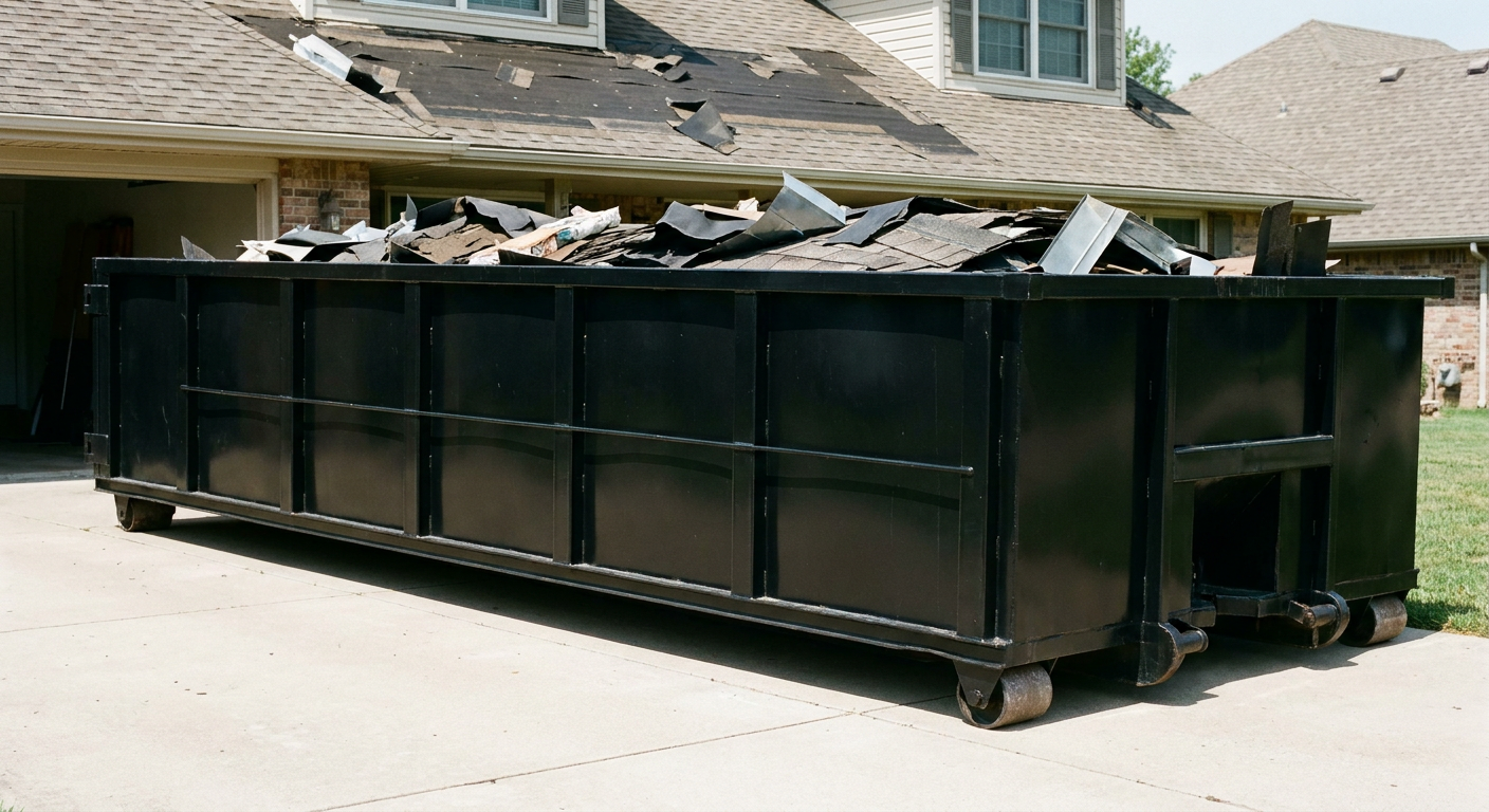 Matte-black 20-yard roofing roll-off dumpster with steel ribbed sides and swinging rear door, sitting directly on the concrete driveway of a two-story Carmel home, asphalt shingle debris being loaded over the low wall, clean documentary lighting.