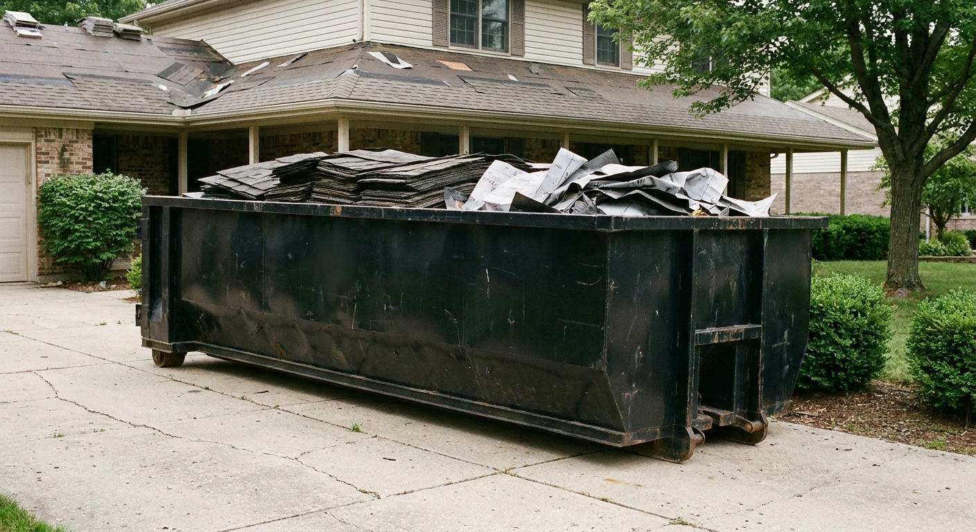 Matte-black 30-yard roofing roll-off dumpster sitting directly on a Carmel concrete driveway, taller ribbed steel side panels, mixed tear-off debris of asphalt shingles and underlayment inside, professional documentary daylight.