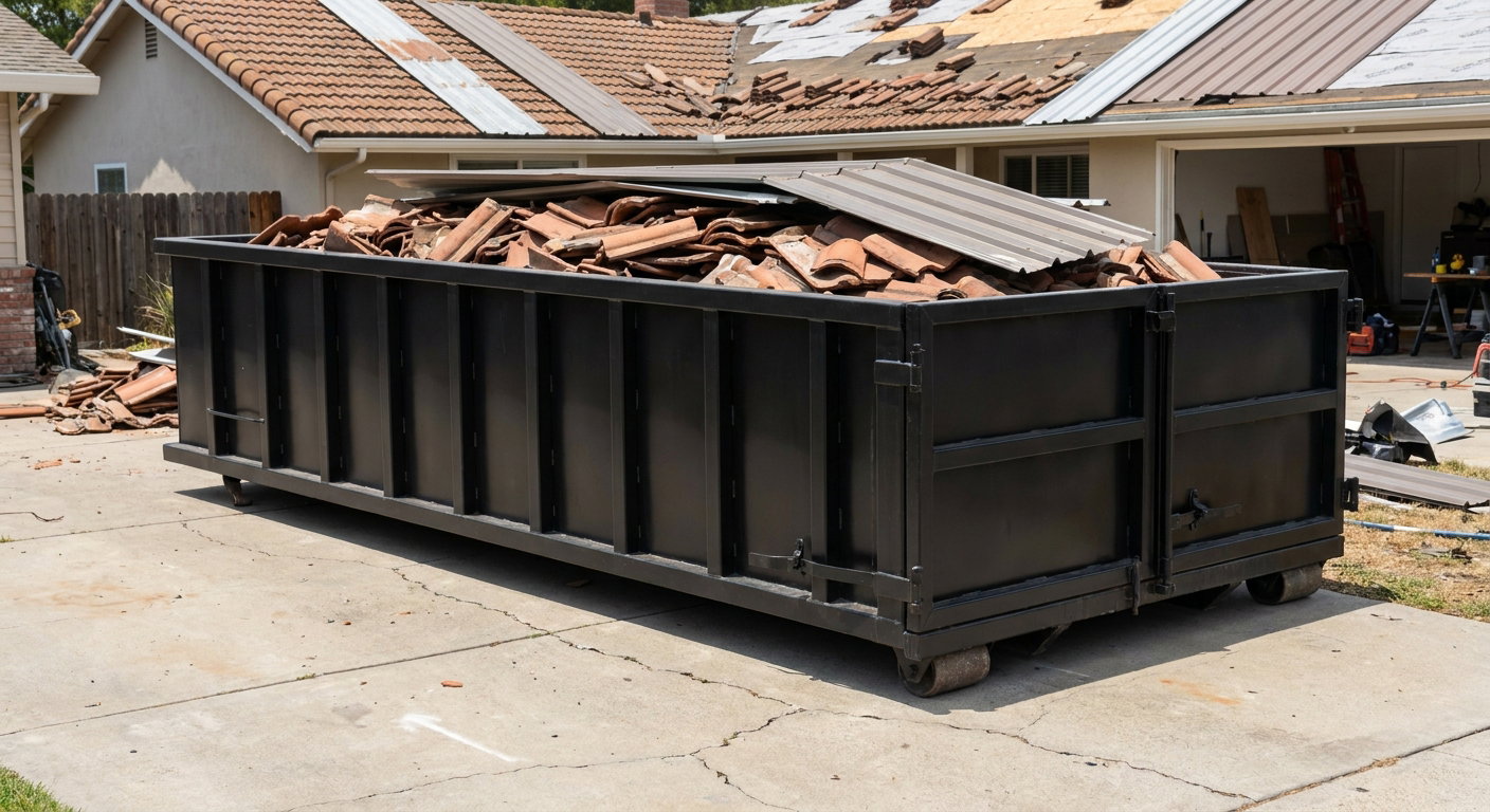 Matte-black low-wall heavy-debris roofing roll-off dumpster sitting directly on a Carmel concrete driveway, broken concrete clay roof tiles and metal panel sections loaded inside, reinforced ribbed steel side walls visible, bright outdoor daylight.