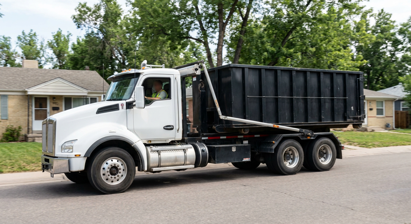 A wide documentary shot of a matte-black roll-off delivery truck pulling onto a quiet Carmel residential street at mid-morning, with neighborhood rooftops and tree-lined blocks visible behind, showing the metro coverage footprint.