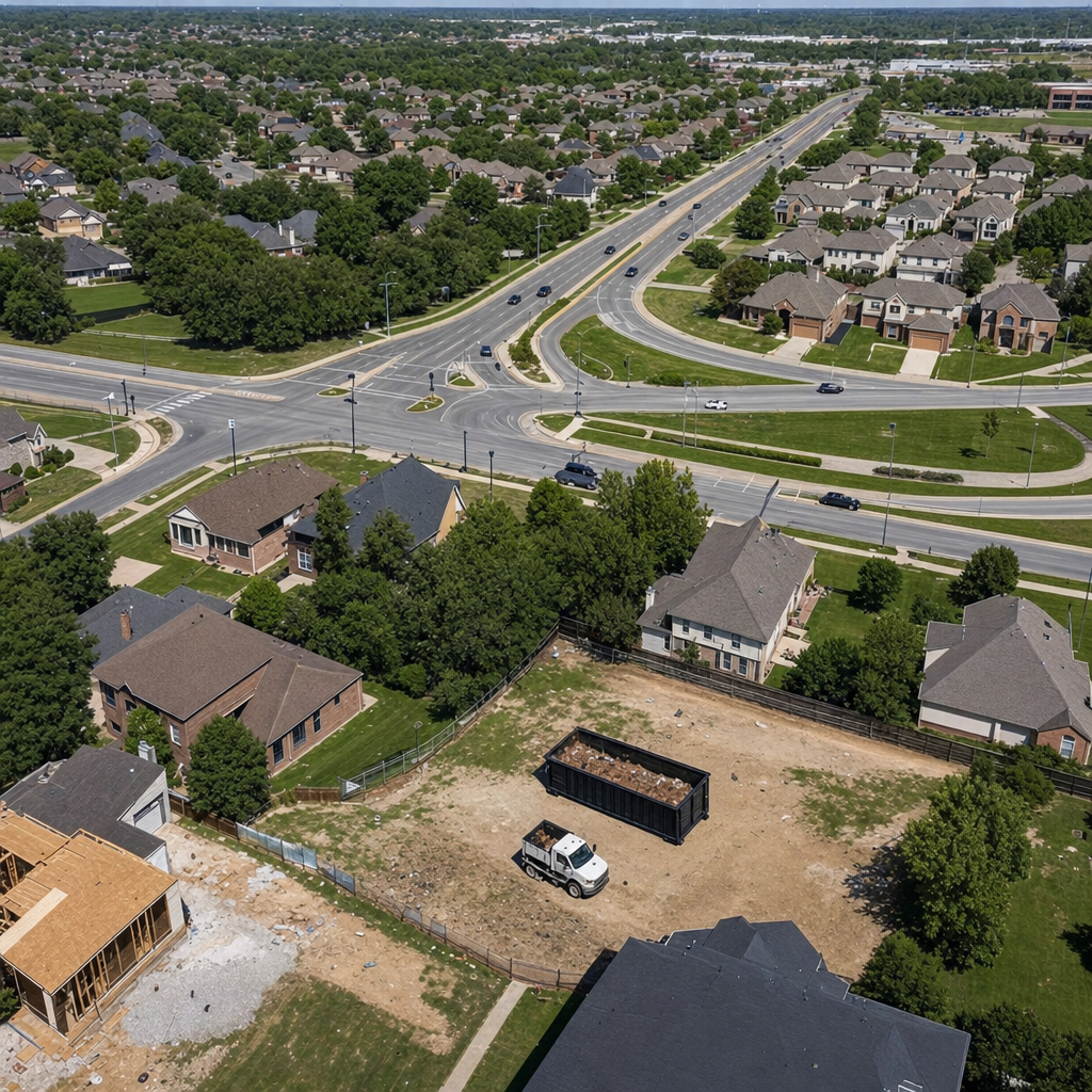 An overhead documentary view of the Carmel metro area at midday, showing the spread of neighborhoods, arterial roads, and the dispatch radius from a central yard — clean daylight, organized geographic layout.