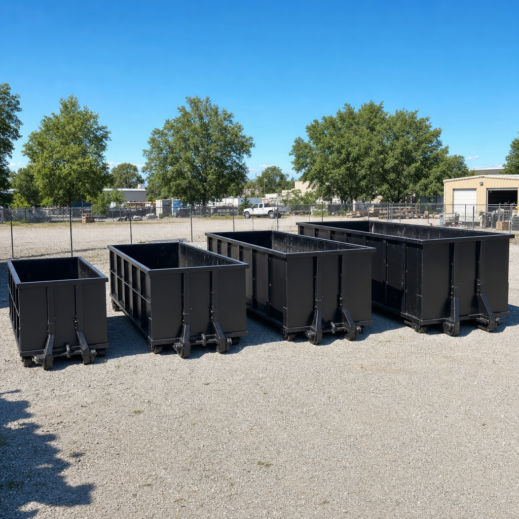 A clean lineup of matte-black roll-off dumpsters in 10, 20, 30, and 40-yard sizes staged on a sunlit gravel yard in Carmel, showing the size progression from compact to commercial-scale containers.