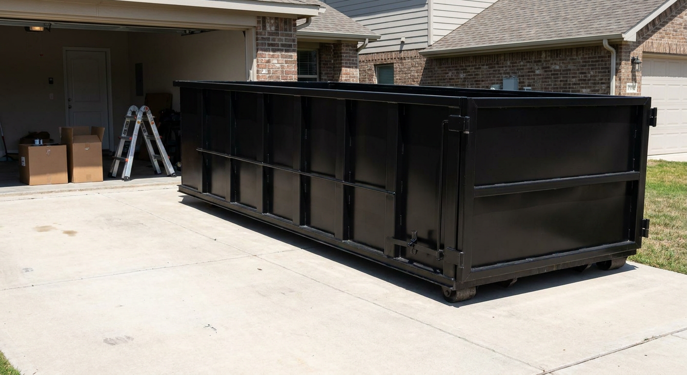 A matte-black 10-yard roll-off dumpster sitting directly on a residential Carmel concrete driveway, mid-day sunlight, clean and ready for a garage cleanout.