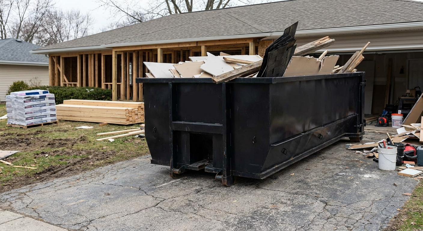 A matte-black 20-yard roll-off dumpster placed alongside a mid-renovation Carmel home directly on the asphalt driveway, with framing materials and torn-off shingles staged neatly nearby.