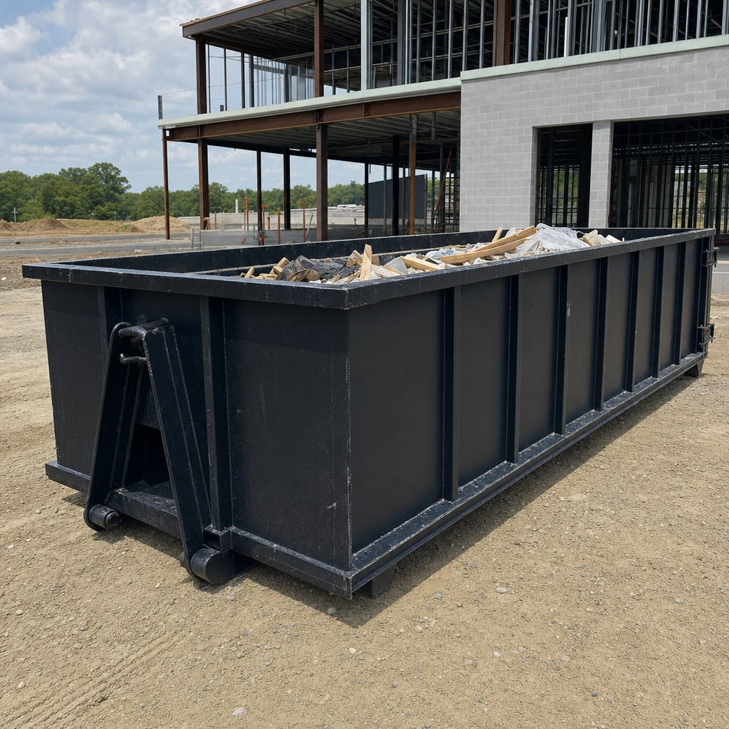 A matte-black 40-yard roll-off dumpster staged on a large Carmel commercial construction lot, with a hooklift delivery truck parked alongside under bright midday sky.