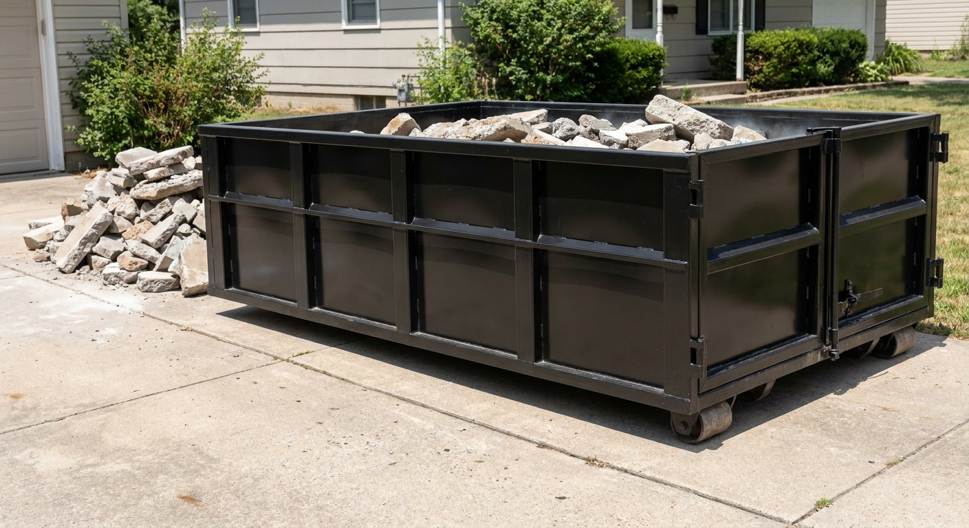 A matte-black low-side heavy-debris roll-off dumpster placed directly on a Carmel concrete driveway, with broken concrete chunks neatly stacked beside it under clean daylight.